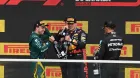 Fernando Alonso, Max Verstappen y Lewis Hamilton en el podio del GP de Canadá 2023
