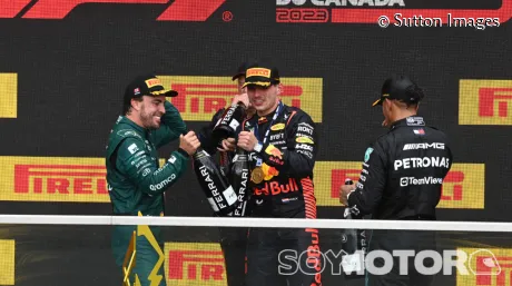Fernando Alonso, Max Verstappen y Lewis Hamilton en el podio del GP de Canadá 2023